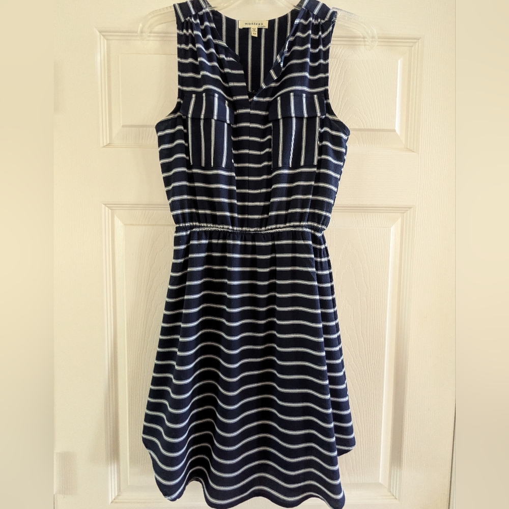 Monteau Navy and White Striped Midi Dress